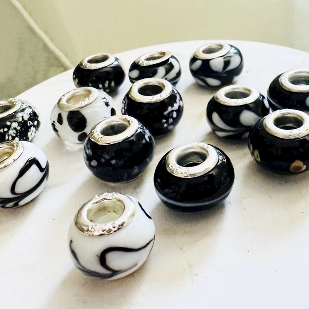 Black White Glass Bead Charms Sterling Silver Set of 13